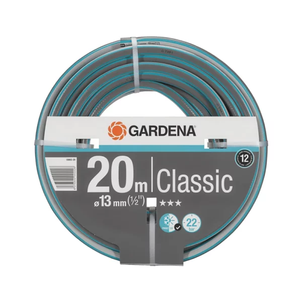 Durable 20m GARDENA Classic Hose 13mm with connectors & nozzle. UV/frost resistant, 22 bar burst pressure, 12-year warranty.
