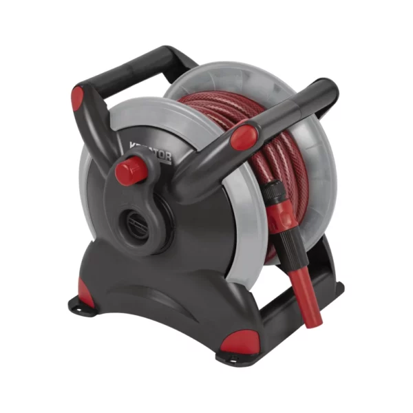 Kreator hose reel with 15m garden hose, connectors & nozzle. Easy storage, portable design, and complete starter set for mid-sized gardens.