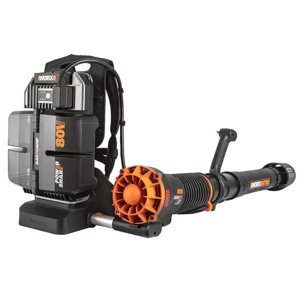 The Worx NITRO Power Share Brushless Backpack Blower is powered by (4) 20V 4.0Ah Power Share batteries for 80 total volts of power and performance. This blower is ideal for larger yards and small to medium sized commercial applications. Featuring variable speed control, plus turbo, to provide more control in tight spaces or large areas. This blower doles out 800 CFM of air volume to move more leaves and debris than standard battery-operated blowers in an innovative compact design that is easy to maneuver.