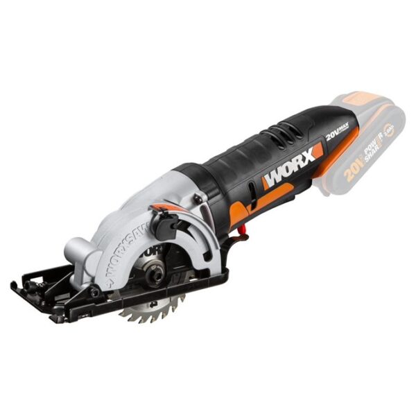 The Worx 20V cordless plunge circular saw WX527 Worxsaw is a friendly alternative to bulky and heavy circular saws. Compact, lightweight and supercharged with features such as plunge cut action, quick depth adjustment and multi-material capability.