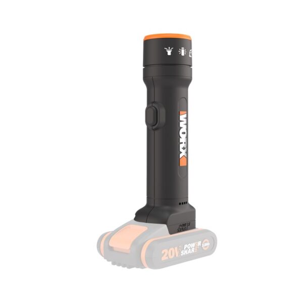 The new WORX Cordless 4-in-1 LED Flashlight 20V WX027.9 light fits four different functions into a single, compact tool. Thanks to the switch, you can toggle between the different functions according to your needs: flashlight, lantern, desk lamp or SOS emergency light.