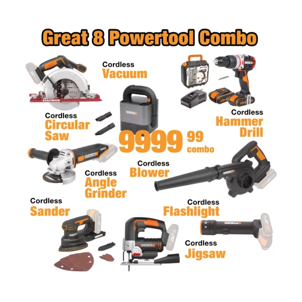 Power through any job with this 8-piece WORX Cordless Power Tool Combo—a complete, go-anywhere toolkit built for versatility and performance. From cutting and drilling to sanding, grinding, cleaning, and lighting the workspace, this all-in-one set has you covered with a circular saw, vacuum, hammer drill, blower, angle grinder, sander, flashlight, and jigsaw. Cordless convenience, compact power, and maximum value for DIYers and pros alike.