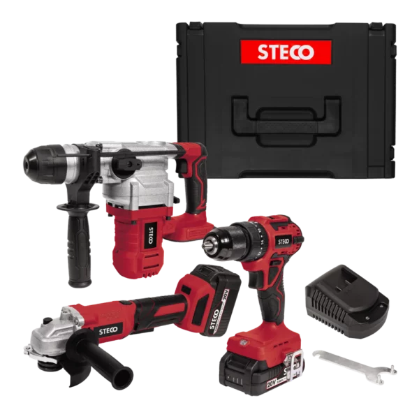 Steco 20V Brushless 6pc Tool Kit – Impact Drill, Angle Grinder, Rotary Hammer, 2.4A Fast Charger, 2pc Batts (1x 2Ah & 1x 4Ah ) With Blow Mould Carry Case