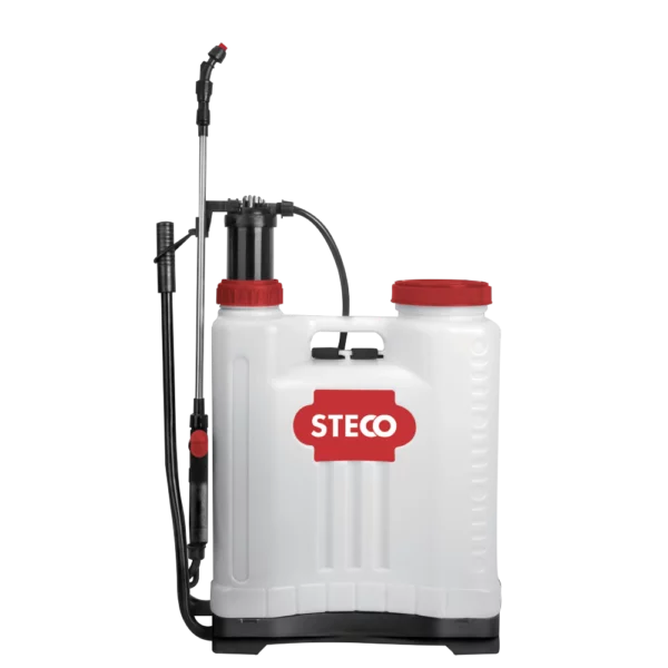 The STECO BPS-1600 16L back-pack pressure sprayer features manual pump (2.7–3.3 bar), fully adjustable nozzle, removable back harness, translucent tank with level guides, large piston pump, 4 nozzles, and nozzle clip – ideal for large gardens, agriculture, disinfection, and pest control.