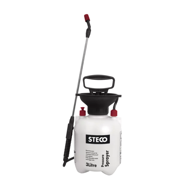 The STECO GS-300 is a manual hand-pumped 3L pressure sprayer with removable back harness and fully adjustable nozzle. This model suits gardeners, homeowners, and light commercial users who need comfortable, extended spraying for watering plants, applying fertilisers, weed killers, cleaning solutions, or pest control in gardens, greenhouses, patios, or indoor areas, with ergonomic pumping handle, safety pressure relief valve, translucent tank, and easy portability with back harness.