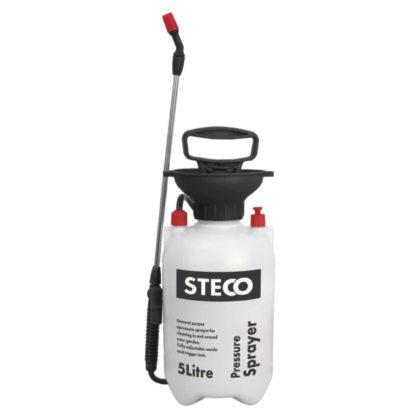 The STECO GS-500 is a manual hand-pumped 5L pressure sprayer with removable back harness and fully adjustable nozzle. This model suits gardeners, homeowners, and light commercial users who need comfortable, extended spraying for watering plants, applying fertilisers, weed killers, cleaning solutions, or pest control in gardens, greenhouses, patios, or larger indoor areas, with ergonomic pumping handle, safety pressure relief valve, translucent tank, and hands-free back harness for ease during long sessions.