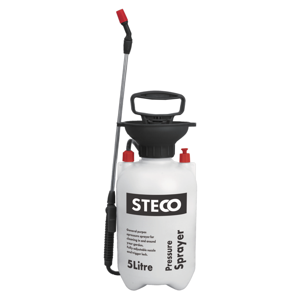 The STECO GS-500 is a manual hand-pumped 5L pressure sprayer with removable back harness and fully adjustable nozzle. This model suits gardeners, homeowners, and light commercial users who need comfortable, extended spraying for watering plants, applying fertilisers, weed killers, cleaning solutions, or pest control in gardens, greenhouses, patios, or larger indoor areas, with ergonomic pumping handle, safety pressure relief valve, translucent tank, and hands-free back harness for ease during long sessions.