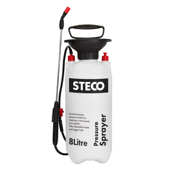 The STECO GS-700 is a manual hand-pumped 8L pressure sprayer with removable back harness and fully adjustable nozzle. This model suits gardeners, homeowners, and light commercial users who need comfortable, extended spraying for watering larger plants, applying fertilisers, weed killers, cleaning solutions, or pest control in gardens, greenhouses, patios, or bigger outdoor/indoor areas, with ergonomic pumping handle, safety pressure relief valve, translucent tank, and hands-free back harness for ease during long sessions.