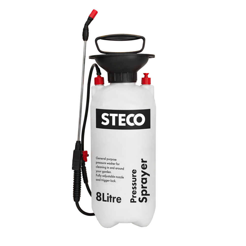 The STECO GS-700 is a manual hand-pumped 8L pressure sprayer with removable back harness and fully adjustable nozzle. This model suits gardeners, homeowners, and light commercial users who need comfortable, extended spraying for watering larger plants, applying fertilisers, weed killers, cleaning solutions, or pest control in gardens, greenhouses, patios, or bigger outdoor/indoor areas, with ergonomic pumping handle, safety pressure relief valve, translucent tank, and hands-free back harness for ease during long sessions.