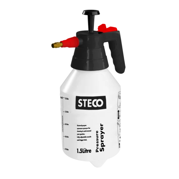 The STECO HPS-1500 is a manual hand-pumped 1.5L pressure sprayer ideal for garden and household use. This model suits homeowners and gardeners who need a lightweight, portable sprayer for applying water, plant food, weed killer, cleaning solutions, or air fresheners around the home, patio, greenhouse, or garden, with comfortable pumping handle, fully adjustable nozzle, trigger lock, and translucent tank with level guides for easy monitoring.